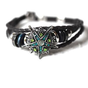 Yik Fung Layered Leather Blue/Green Rhinestone Star Burst 7"-8" Snap Bracelet